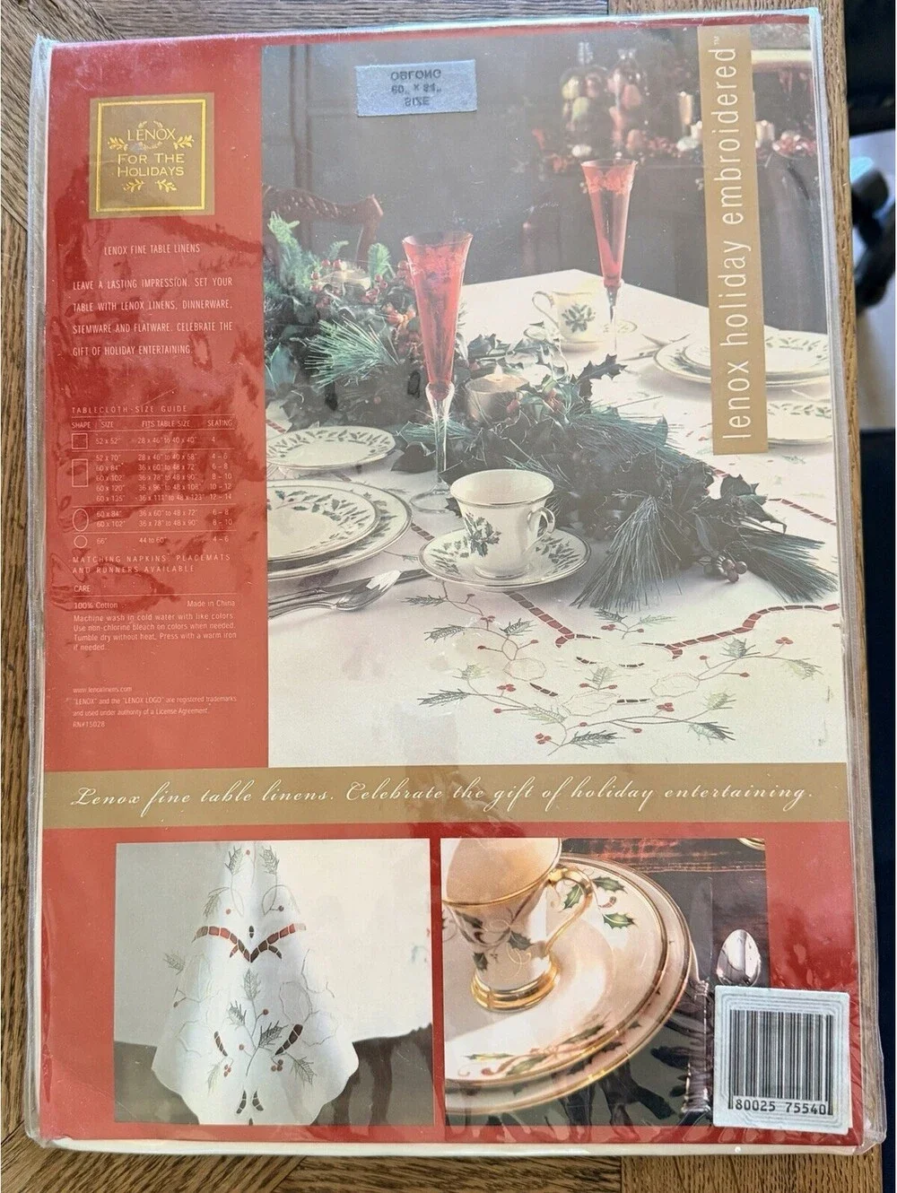 Lenox For The Holidays Christmas Holly Embroidered Tablecloth  Oblong 60x84” New